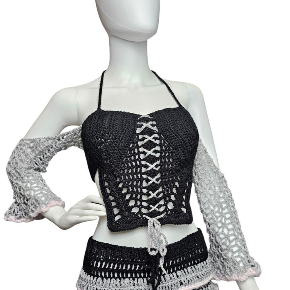 Handmade Crochet Corset Top with Flared Sleeves – Black & Grey‎ Coquette Style